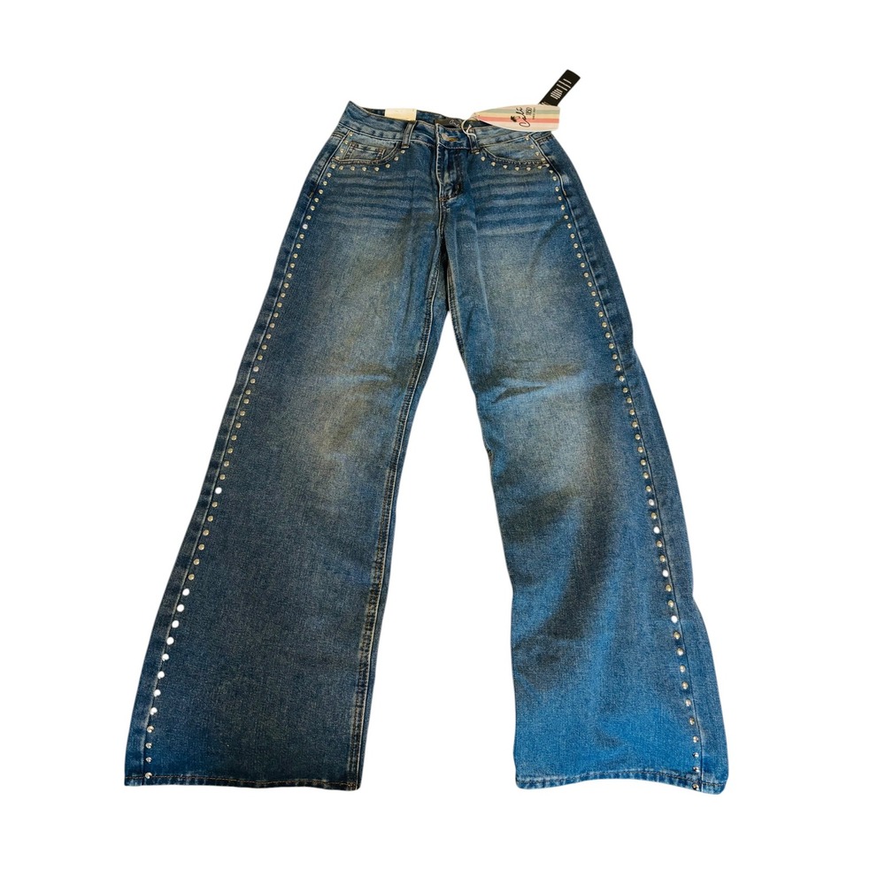 Cali 1850 Womens Studded Wide Leg Jeans‎ Medium Wash Blue Denim Size 1 NEW - Picture 2 of 9